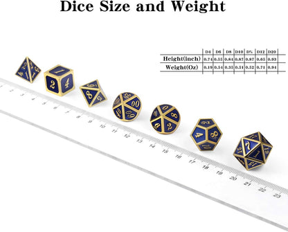 DnDnD Heavy Polyhedral Metal Dice Set with Metal Box, 7-die Shiny Blue Surface with Golden Number for RPG,Dungeons and Dragons,Pathfinder,Shadowrun,D&D,Role Palying Game and Math Teaching - Colors A