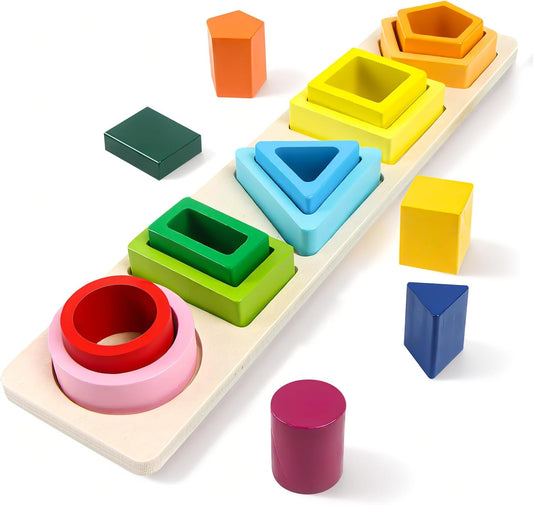 Montessori Toys for 1 2 3 Year Old Boys Girls – Shape Sorter Learning Toy, Wooden Stacking and Sorting Toys for Toddlers, Educational and Safe