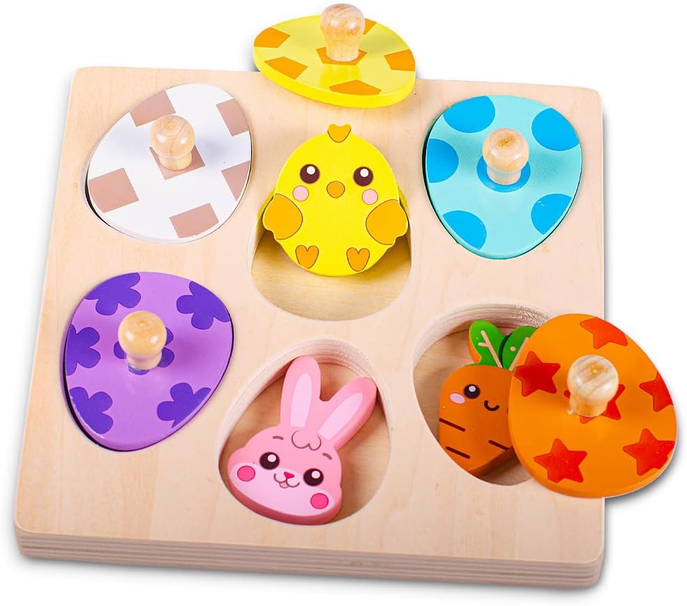 Waybla Easter Basket Stuffers - Easter-Themed Wooden Peg Puzzle for Toddlers 1-3 Years, Montessori Educational Toy and Learning Activity