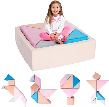 Tangram Puzzle Modular Kids Play Couch for Toddler, 7-in-1 Buildable Foam Sofa with Ball Pit & Fort, Convertible Floor Sofa for Playroom, Active Play Furniture for Imagination, Gift for Ages 3+
