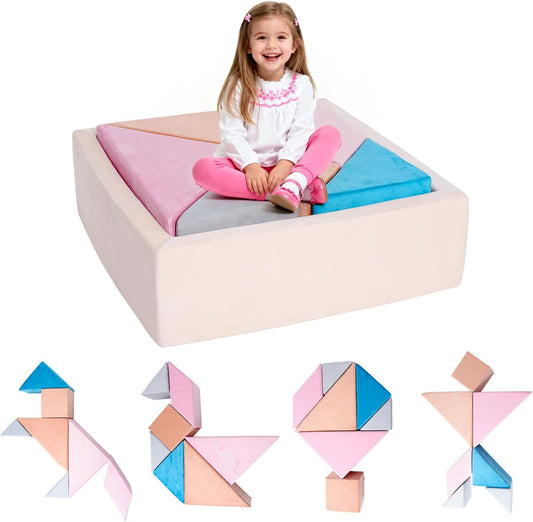 Tangram Puzzle Modular Kids Play Couch for Toddler, 7-in-1 Buildable Foam Sofa with Ball Pit & Fort, Convertible Floor Sofa for Playroom, Active Play Furniture for Imagination, Gift for Ages 3+