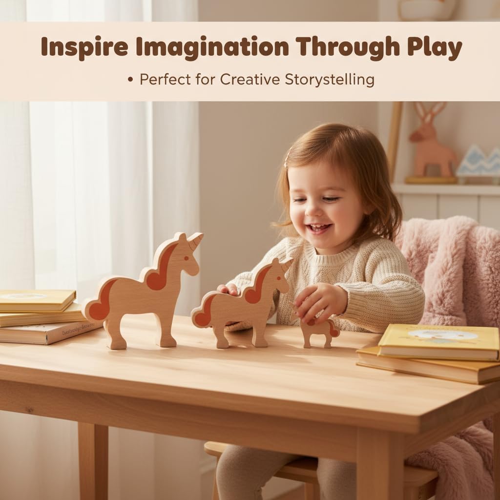Wooden Animal Toys Unicorn Family with Play Silk for Kids Nursery Gift Preschool Wooden Building Blocks Play Set Fine Motor Montessori Game