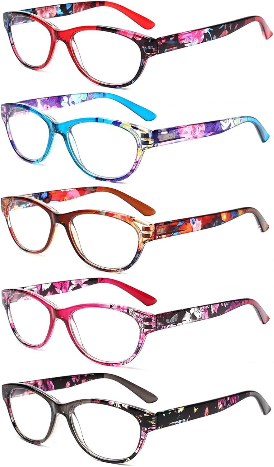 SIGVAN Ladies Cat Eye Reading Glasses 5 Pairs Blue Light Blocking Spring Hinge Fashion Pattern Print Readers for Women