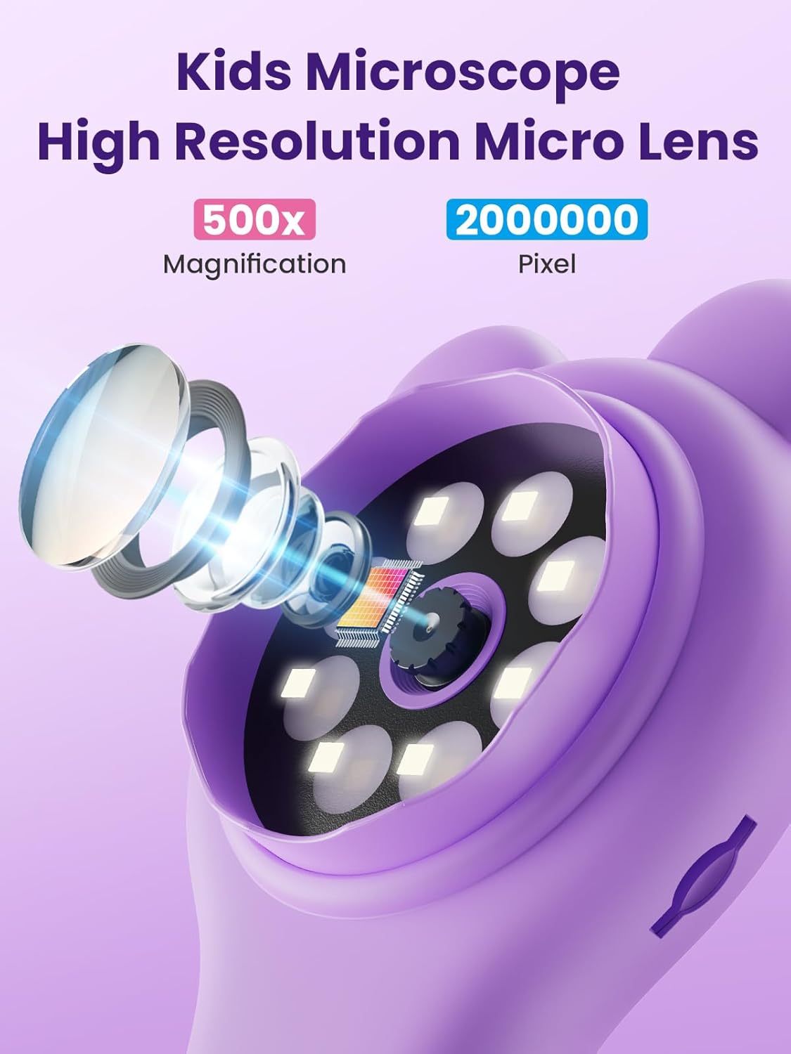 Microscope for Kids, Portable Digital Microscope with 500X Magnifying Glass, Handheld Camera Mini Pocket Magnification, Educational Christmas Birthday Gifts for Ages 4 5 6 7 8 9 10 11 12, Purple