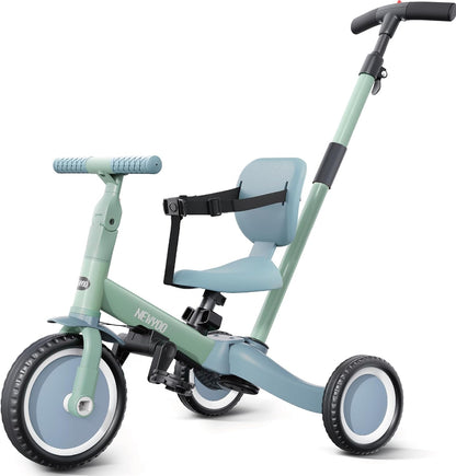 newyoo Toddler Tricycle with Push Handle for 1-3 Year Old, Toddler Bike, Birthday Gift and Toy for Boys and Girls, 5 in 1 Kids Trike, Balance Bike with Backrest and Safety Belt, Khaki, TR007