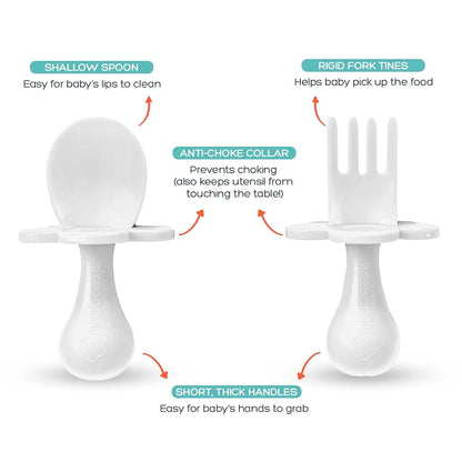 Grabease Baby Feeding Utensils - Anti-Choke Collar & Toddler Fork for Ages 1-3 - Easy-Grip Curved Handle Infant Spoon - Dishwasher-Safe Convenience & Baby Cutlery - Teal