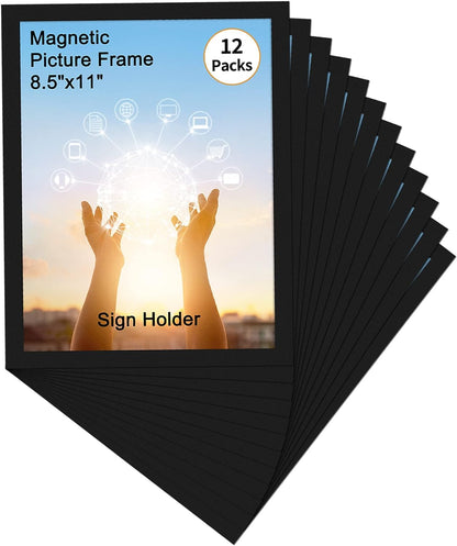 Hoikwo 12 Packs 8.5x11 Black Certificate Frames, Bulk 8.5 by 11 Document Frames, 8.5 x 11 Picture Frames Set, Adhesive Magnetic Frames for Letter Holder for Refrigerator Glass Door