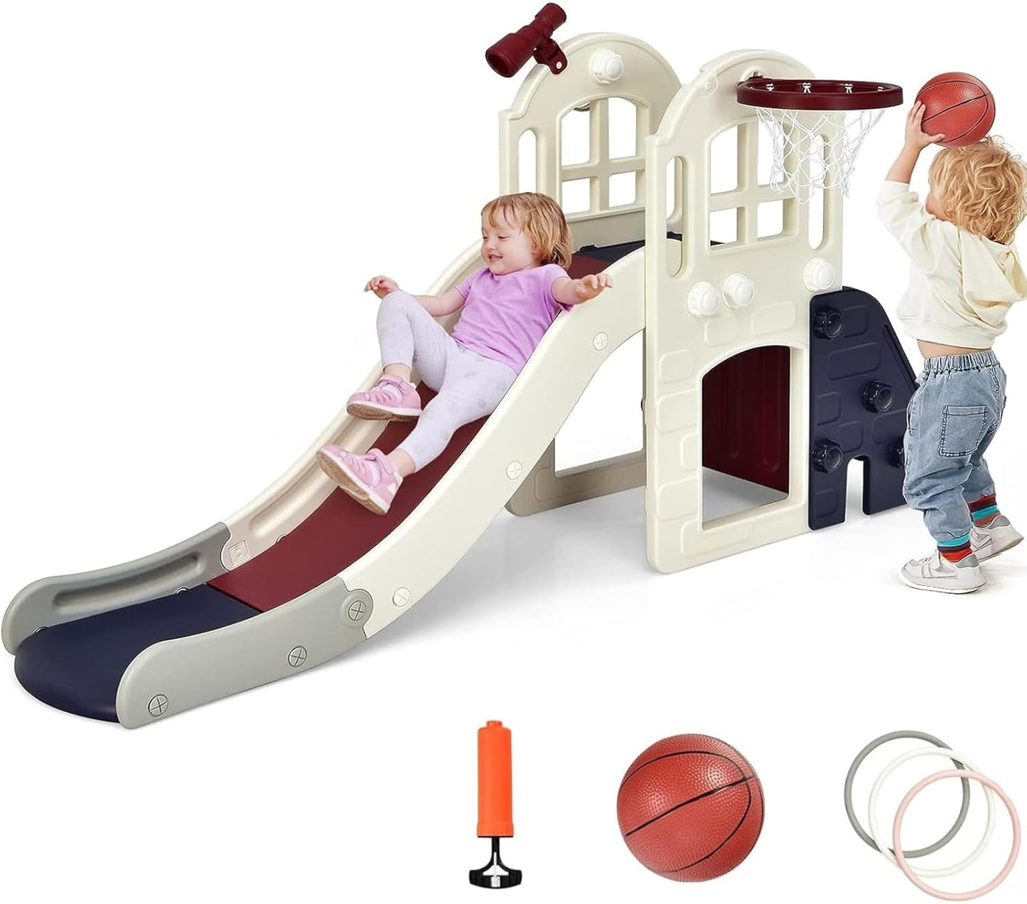 BABY JOY Toddler Slide, 6-in-1 Indoor Kids Slide Playset with Basketball Hoop, Telescope, Climbing Ladder & Storage Space, Freestanding Playhouse & Climber for Kids Aged 1-3 (Pink)