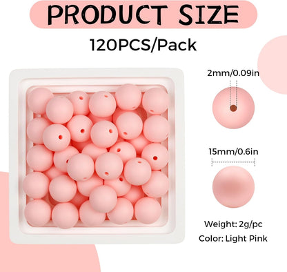 120PCS FIVEIZERO Silicone Beads for Keychain Making, 15mm Glacier Gray Round Silicone Rubber Focal Beads Bulk for DIY Crafts, Bracelets, Necklaces, and Pens