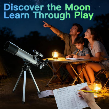 Telescope for Kids 50mm 100x Magnification Beginner Silver Telescopio with Tripod, 2 Eyepieces, Finder Scope Set, STEM Educational Astronomy Chritstmas Gift for Boys & Girls Ages 6-12