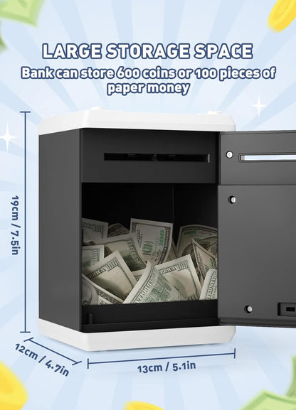 Playsheek Piggy Bank for Girls Boys Large Electronic Money Coin Banks with Password Protection, Automatic Paper Money Scroll Saving Box, Great Gift for Kids(Black-White)