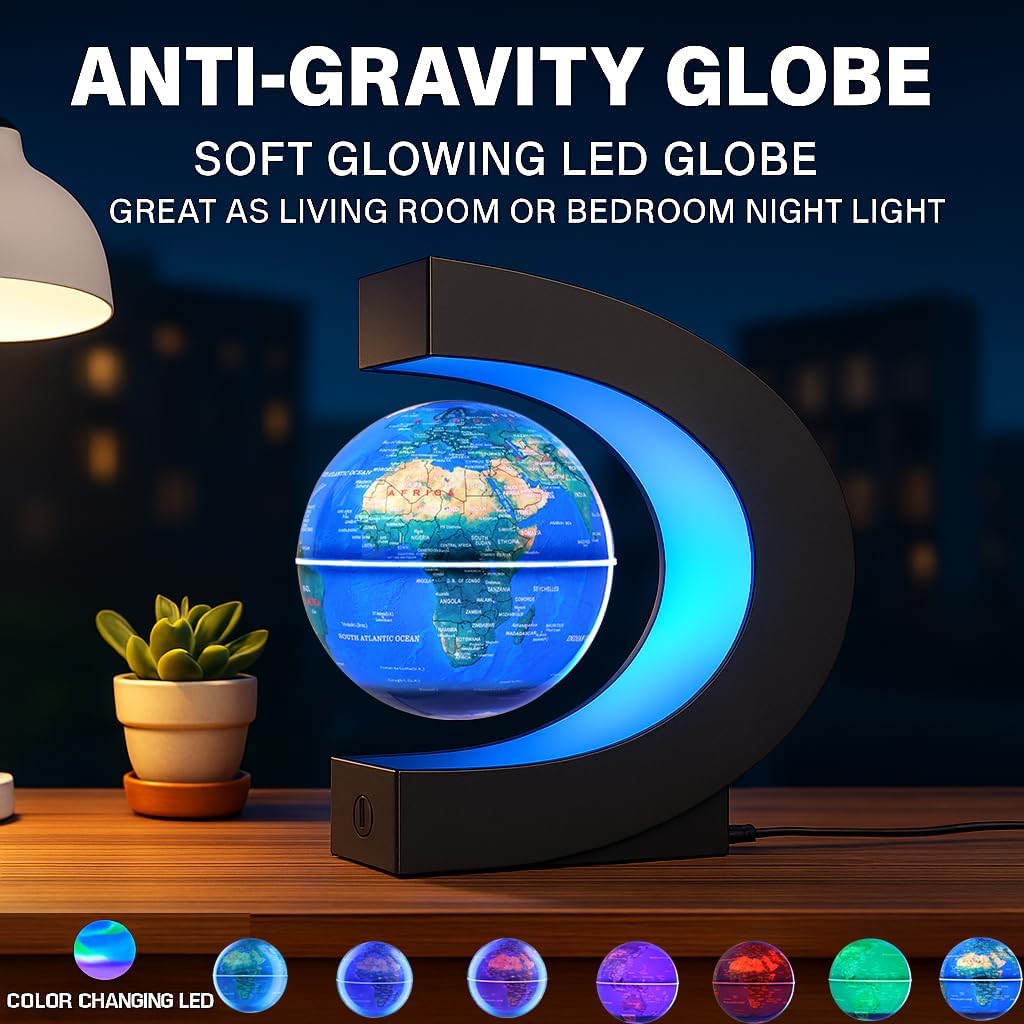 Magnetic Levitation Floating Rotating World Globe with LED Light - C Shape Anti Gravity Levitating Globe for Desk Office Decor, STEM Educational Map, Unique Tech Gift for Men Kids Boss, 3.5 Inches