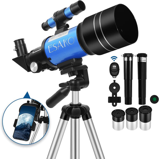 ESAKO Telescope for Kids & Beginners, 70mm Aperture Portable Telescopes with 3 Eyepieces, Height Adjustable Tripod & Phone Adapter & Remote Control Gift for Christmas