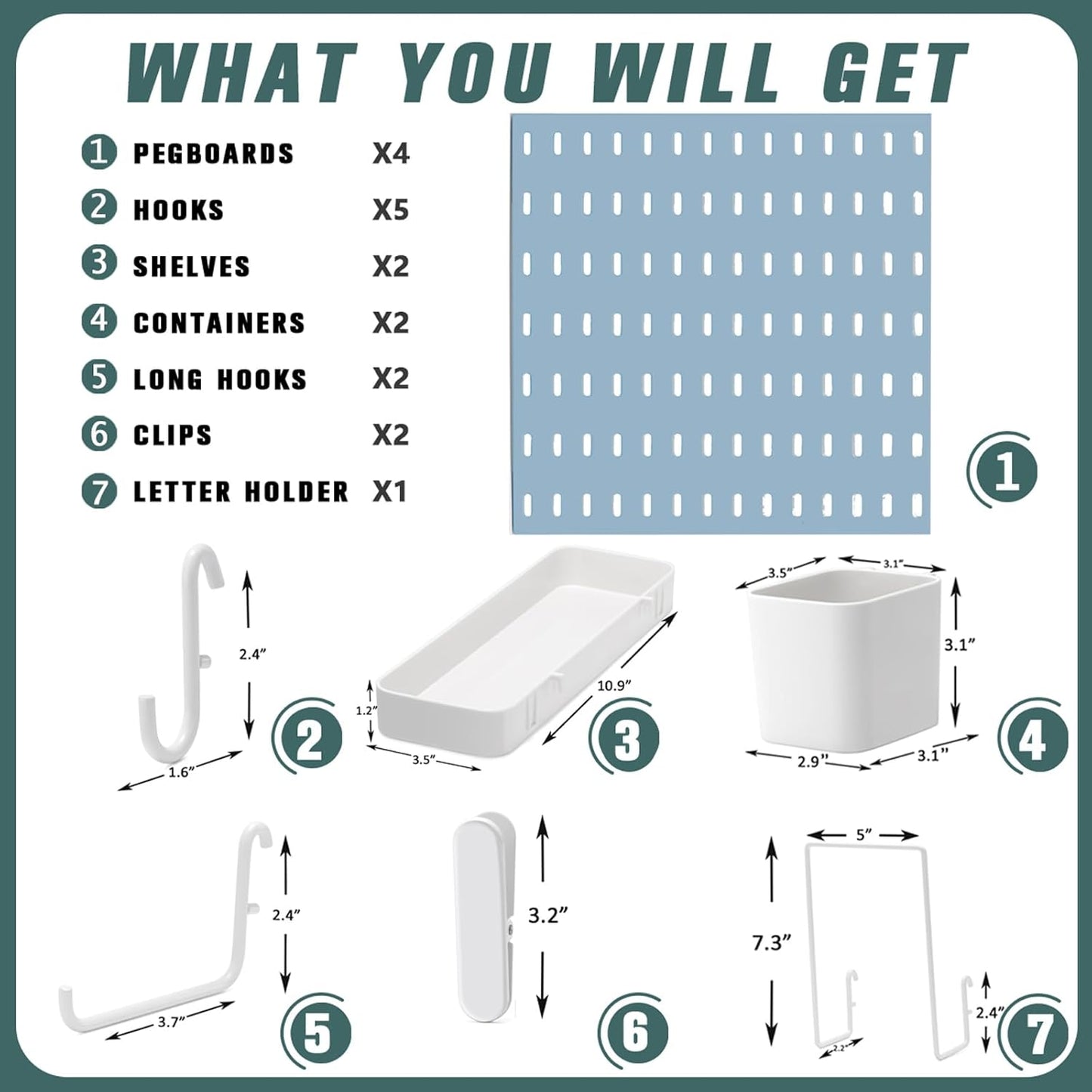 MULSAME Pegboard Combination Kit, Wall Mounted Storage Set with 4 Pegboards & 14 Accessories Hanging, White Peg Boards Organizer for Walls Display, Crafts Organization, Kitchen Organizer, 22" x 22"