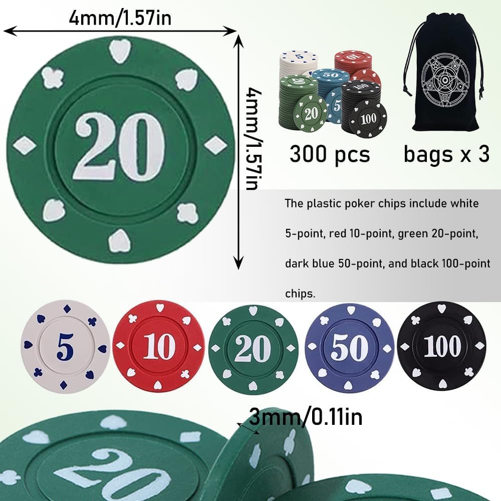 IXIGER 300Pcs Poker Chips, Plastic Casino Chips Set with Black Velvet Pouch Bag, Bulk Clay Fichas de Poker for Blackjack, Math Counting Chips, Texas Hold'em, Night Poker Games