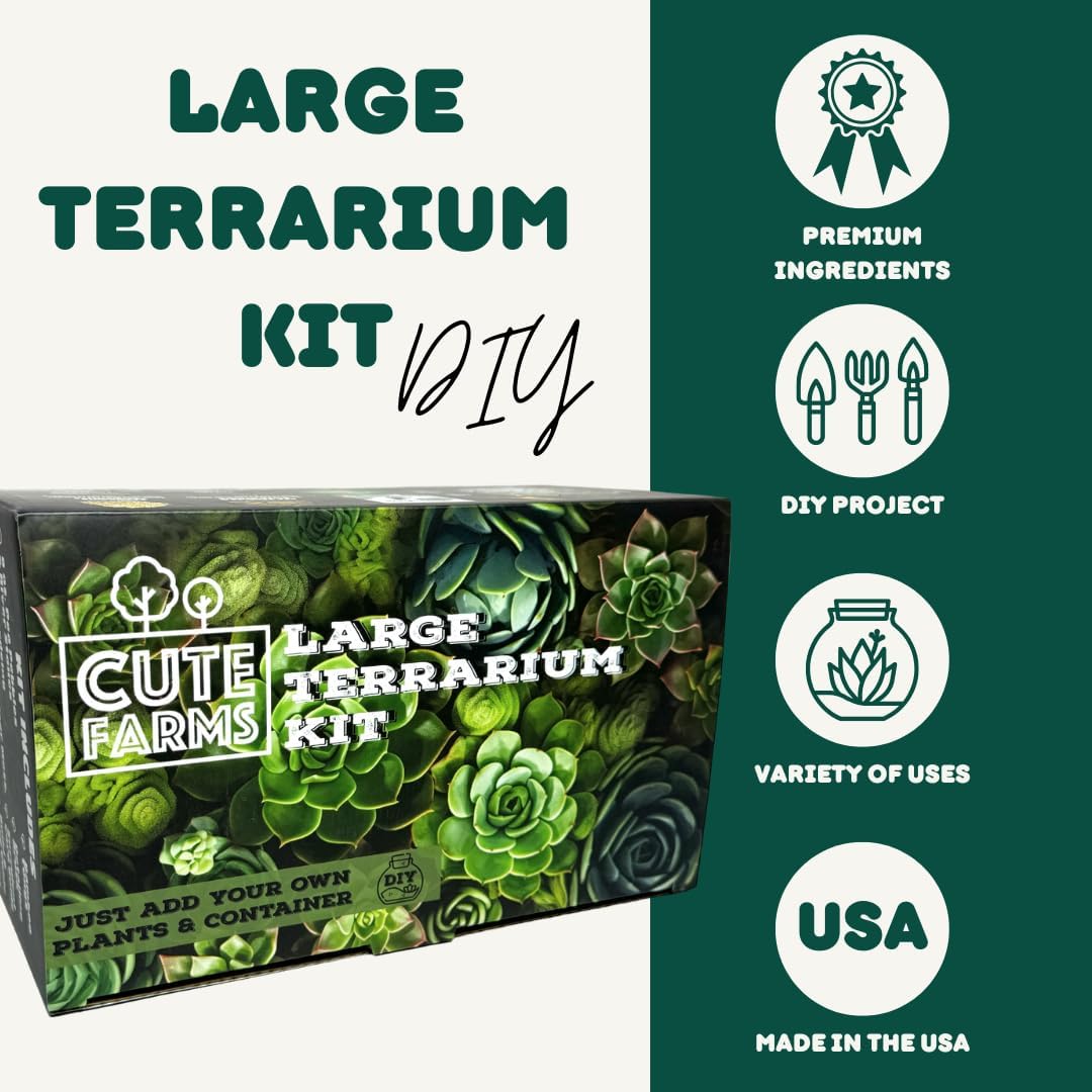 Cute Farms Terrarium Starter Kit | Moss, Vermiculite, Soil, Pebbles, Plant Food, & Finishing Tools (Large Kit + Crystals)