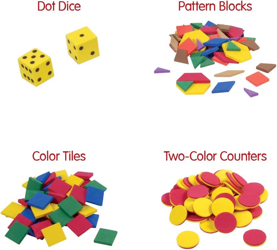 EAI Education School to Home Deluxe Manipulative Kit with Dice, Counters, Geometric Solids, Pattern Blocks, Color Tiles and Linking Cubes - Grade K (184 Pieces)