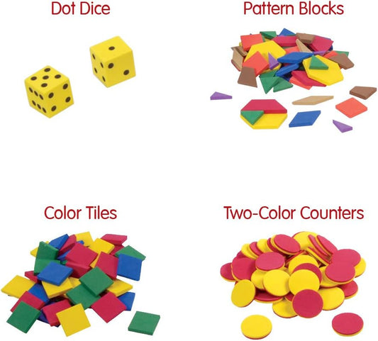 EAI Education School to Home Deluxe Manipulative Kit with Dice, Counters, Geometric Solids, Pattern Blocks, Color Tiles and Linking Cubes - Grade K (184 Pieces)