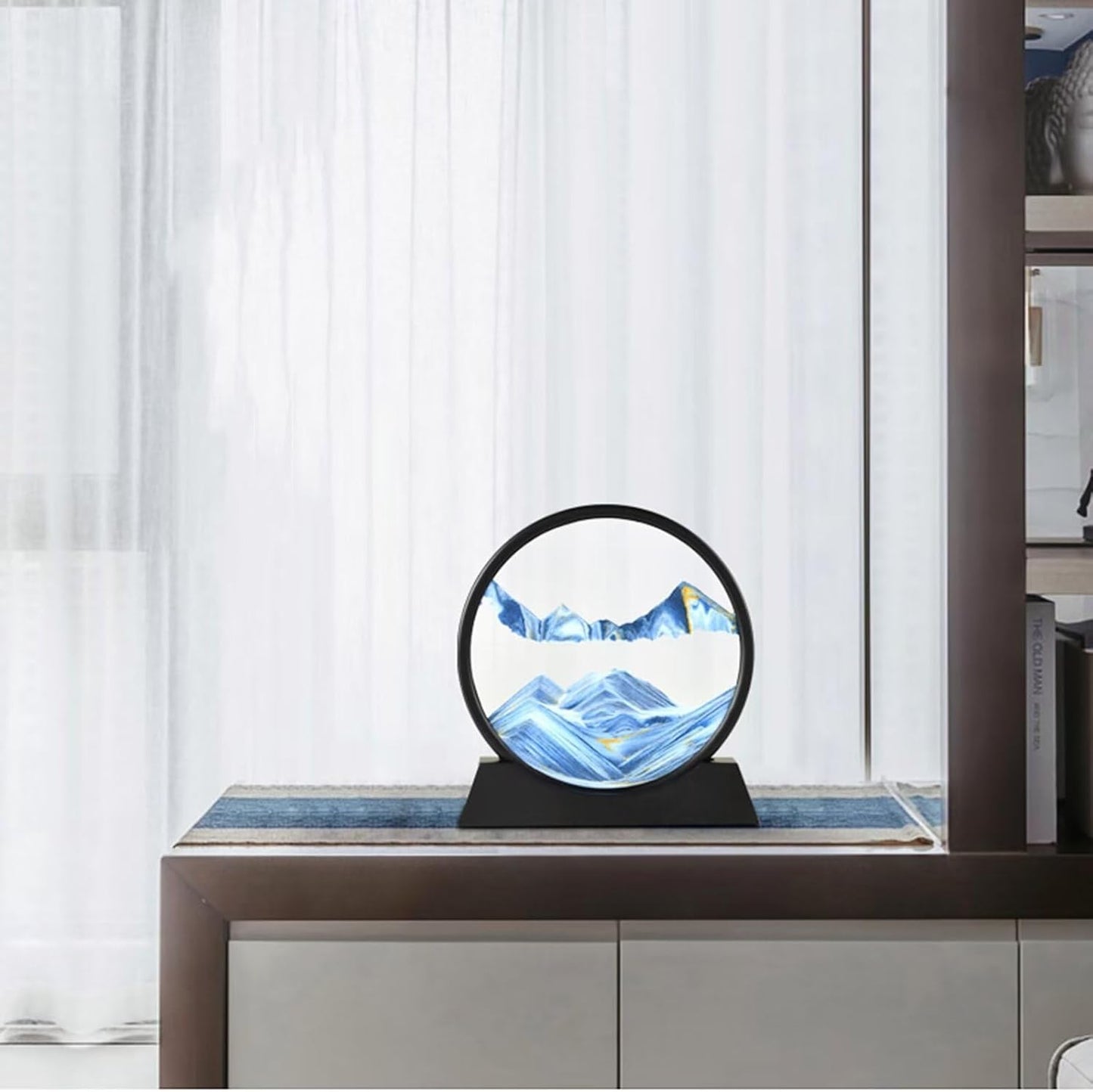 BGFJYUK Moving Sand Art Picture in Motion, Round Tempered Glass 3D Deep Sea Sandscapes with Display Flowing Sand Frame for Relaxing Desktop Home Office Work Décor for Kids Adults （Blue, 7inch