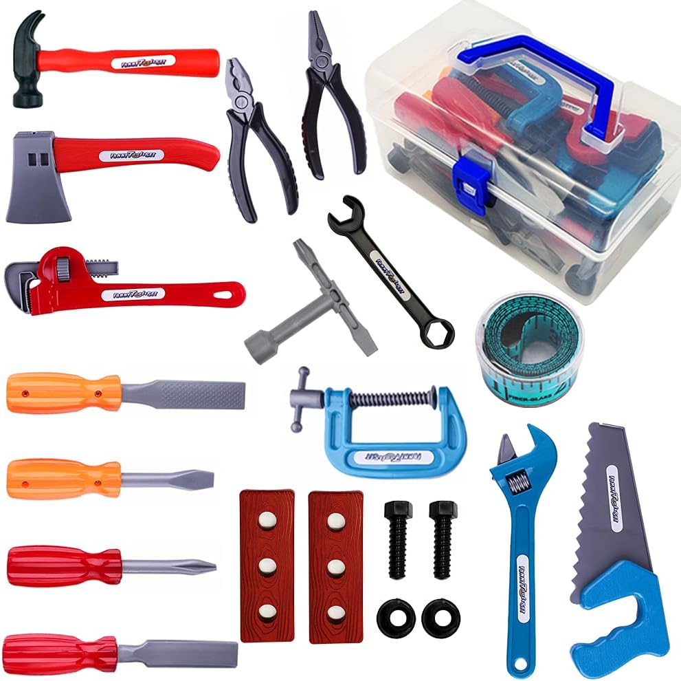 21 Pieces Kids Toy Tool Set and Power Play Tools, Construction Toys Working Tools Educational Pretend Role Play Set with a Handy Storage Box and Portable Sturdy Ideal Gifts Toolkit for Toddlers