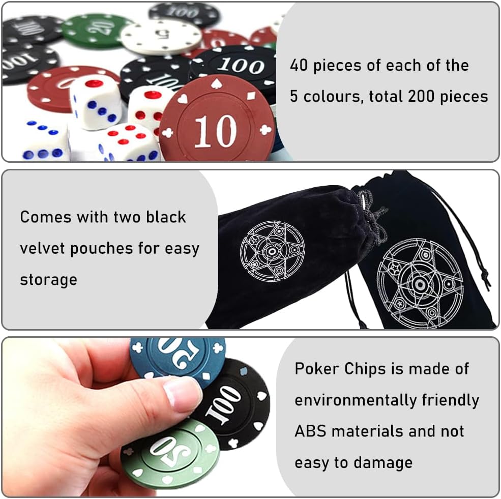 IXIGER 300Pcs Poker Chips, Plastic Casino Chips Set with Black Velvet Pouch Bag, Bulk Clay Fichas de Poker for Blackjack, Math Counting Chips, Texas Hold'em, Night Poker Games
