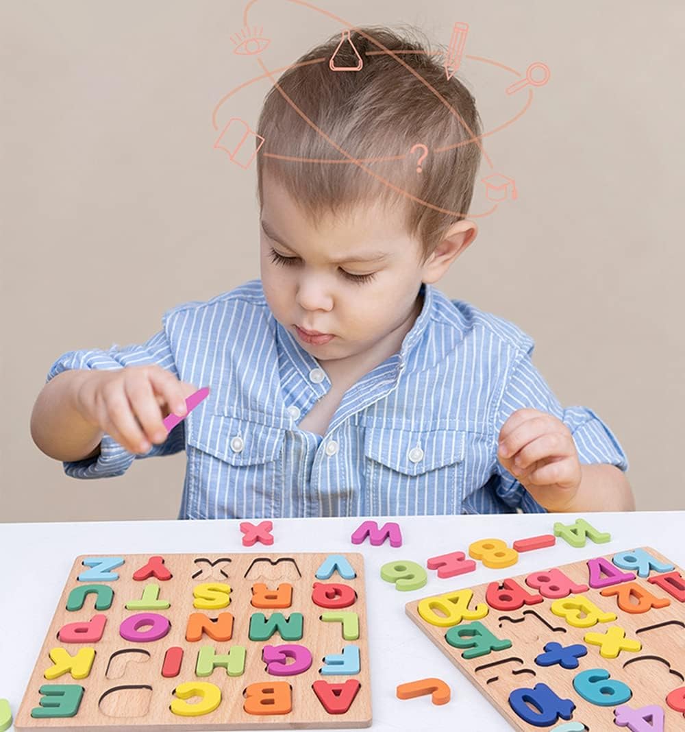 Wooden Puzzles for Toddlers, Alphabet Puzzle and Number Puzzle, Preschool Educational Learning Toys with Chunky Wood ABC Puzzle Board, for Girls Boys Kindergarten