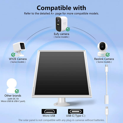 8W Solar Panel for Outdoor Security Camera, 5V Micro USB and USB - C Solar Panel Charger ，Fits Eufy/Wyze/Reolink DC 5V Output, IP65/360° Adjustable, 9.8ft Cable, Fast Charging