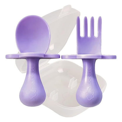 Grabease Baby Feeding Utensils - Anti-Choke Collar & Toddler Fork for Ages 1-3 - Easy-Grip Curved Handle Infant Spoon - Dishwasher-Safe Convenience & Baby Cutlery - Teal