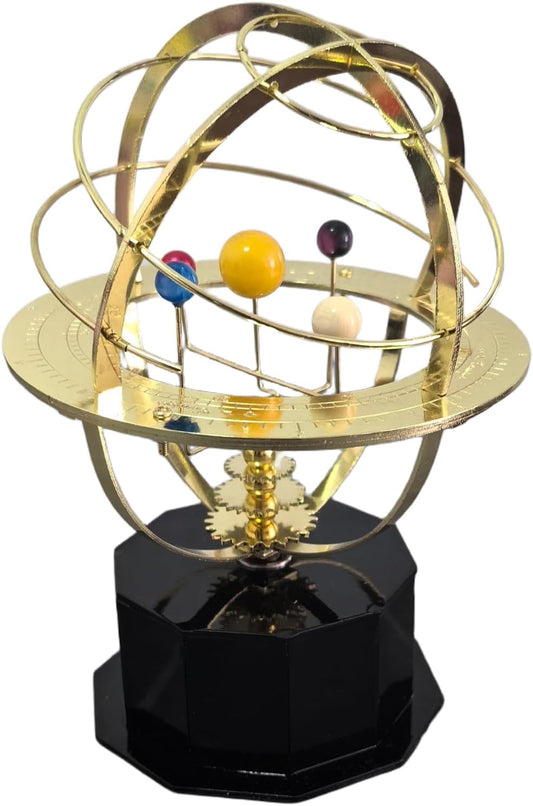 Rotating Solar System Metal Ornament - Handcrafted Orrery Model with 5 Planets, Educational Desk Decor for Astronomy Enthusiasts, Home & Office Decoration (Black)