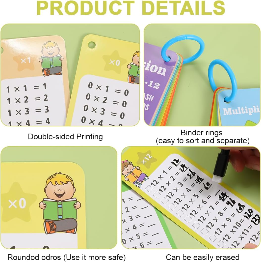 Multiplication and Division Flash Cards 30Pcs 0-12 Times Table Math Division Flash Cards with 4 Dry Erase Markers and 2 Rings for 1st to 3rd Grade Classroom Home