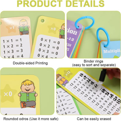 Multiplication and Division Flash Cards 30Pcs 0-12 Times Table Math Division Flash Cards with 4 Dry Erase Markers and 2 Rings for 1st to 3rd Grade Classroom Home