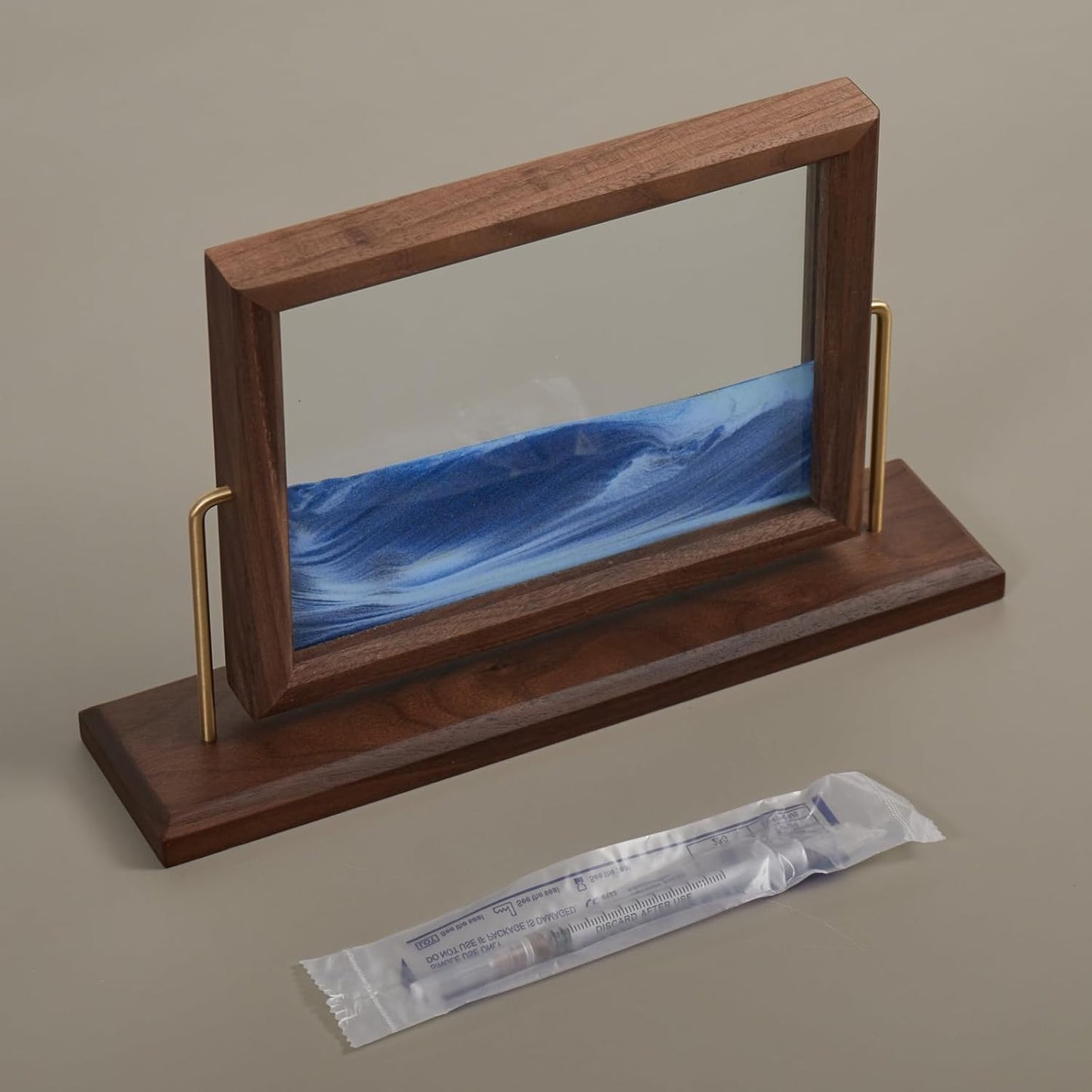 Solid Wood Oasis Mini Art Liquid Motion 360-Degree Rotation, Made of Black Walnut and H62 Brass, 3D Highly Transparent Office Decor (Desert)