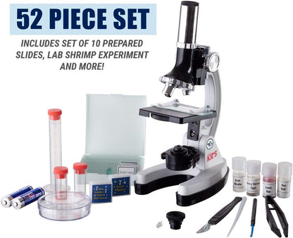 AMSCOPE-Kids 120X-1200X White Metal Arm Starter Kids Student Microscope Kit and Compact Refractor Telescope with Tripod - M30-ABS-KT2-W-TKVB1