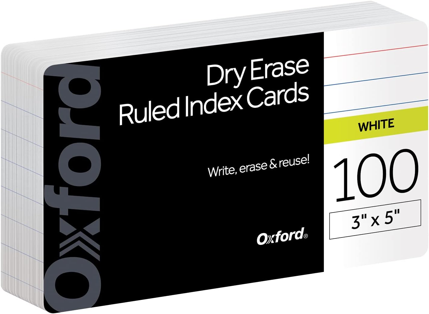 Oxford Dry Erase Index Cards, 3x5 Ruled, Reusable Flash Cards, Double Sided Dry & Wet Erase Cards for Gaming, Study or Vocabulary, 100-Pack (63512)