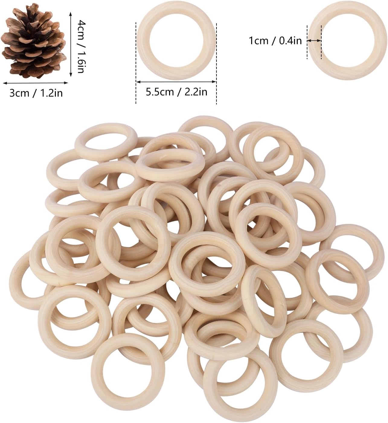 50 Pack 3.15 inch Unfinished Wooden Rings Natural, Wood Craft Rings for DIY Crafts, Jewelry Making, Macrame & Home Decor