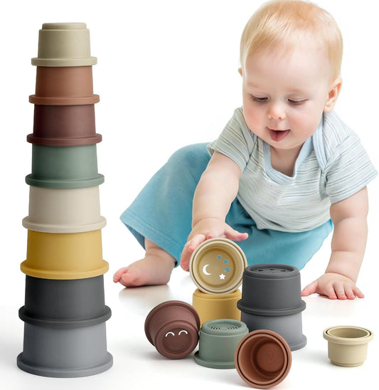 BOBXIN Stacking Cups Baby Building/Bathtub/Beach Toy 11.8″, Nesting Cup Early Educational Toddlers Stacking Toy, 8 Pcs with Numbers & Pattern, Fun for Kid Baby 6-12 Months Indoor/Outdoor