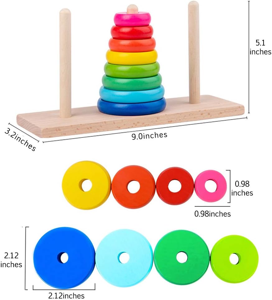 GYBBER&MUMU Wooden Towers of Hanoi (8 Rings) Rainbow Blocks Toy with Storage Box for Kids 3 Years and Up