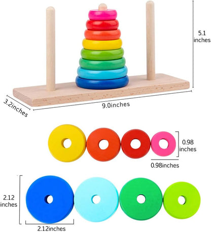 GYBBER&MUMU Wooden Towers of Hanoi (8 Rings) Rainbow Blocks Toy with Storage Box for Kids 3 Years and Up