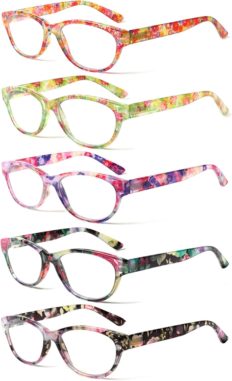 SIGVAN Ladies Cat Eye Reading Glasses 5 Pairs Blue Light Blocking Spring Hinge Fashion Pattern Print Readers for Women