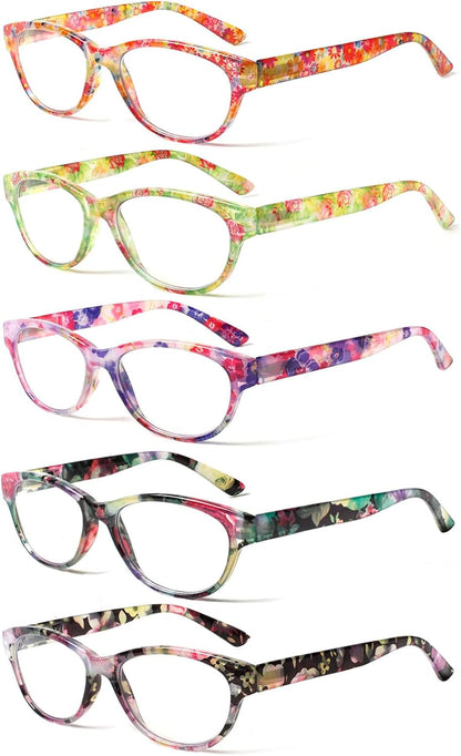 SIGVAN Ladies Cat Eye Reading Glasses 5 Pairs Blue Light Blocking Spring Hinge Fashion Pattern Print Readers for Women