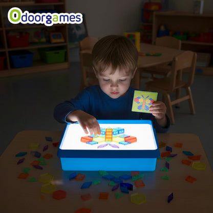 Odoorgames Light Box with Shapes & Cards Set – Light Table for Kids, Educational Toys for Tracing, Sensory Play & Early Learning (Cyan)