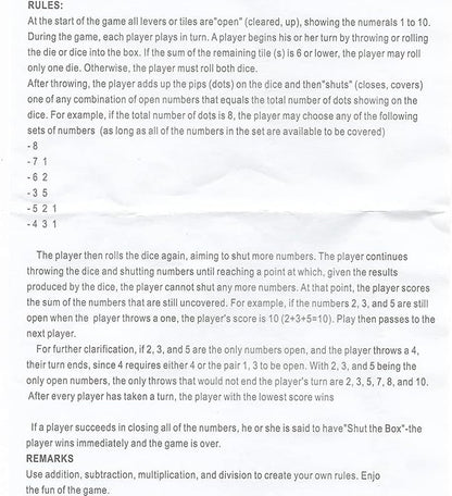 1-4 Players Shut The Box Dice Game, 10 Numbers Traditional Wooden Pub Bar Board Family Table Mat Game Dice for Adults