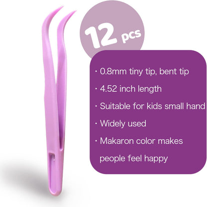 12 Pack 4.5 inches Plastic Tweezers for Kids Crafts for DIY Jewelry Making, beads bracelets, Baking Decoration, Reptile Feeding, Disposable Eyelashes Stickers Tweezers Bulk