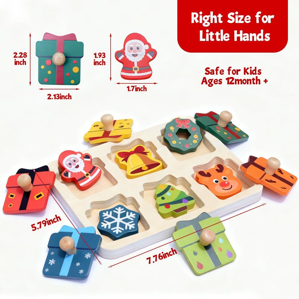 Waybla Stocking Stuffer for Kids - Christmas-Themed Wooden Peg Puzzle for Toddlers 1-3 Years, Montessori Educational Toy and Learning Activity