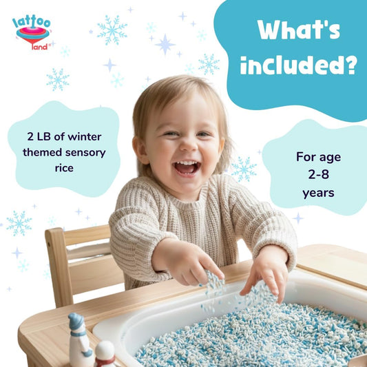 Lattooland Winter Sensory Bin Rice for Preschoolers | Non-Toxic Colored Winter Rice for Sensory Play | Montessori Kit for Toddlers & Kids | Educational Toy | Winter Activities | Snowy Day Plays | 2LB