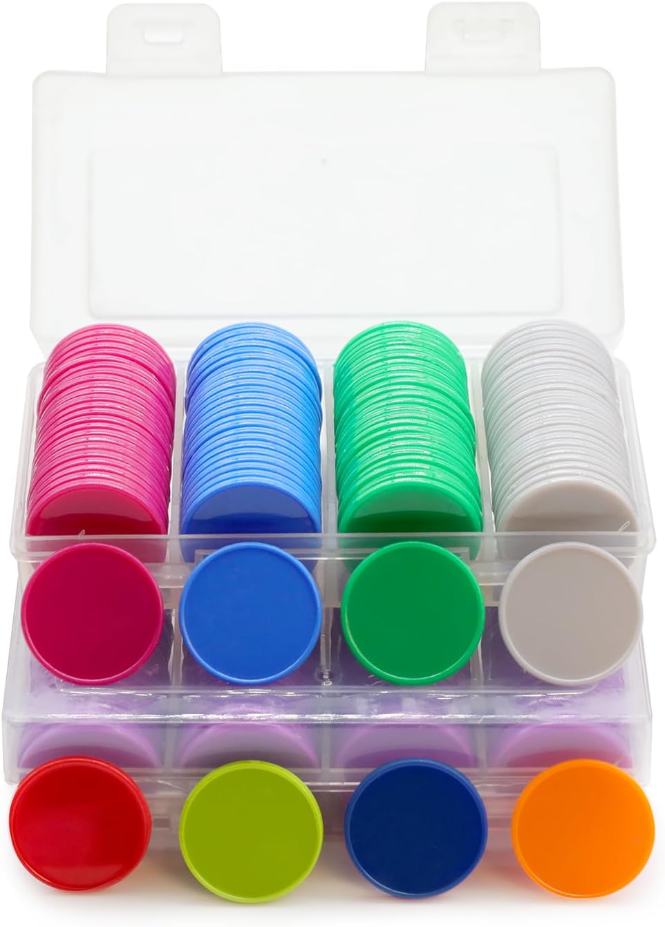Set of 100 Opaque Plastic Learning Counters Mini Poker Chips Game Tokens with Storage Box (Black+White+Blue+Purple, 1 Inch)