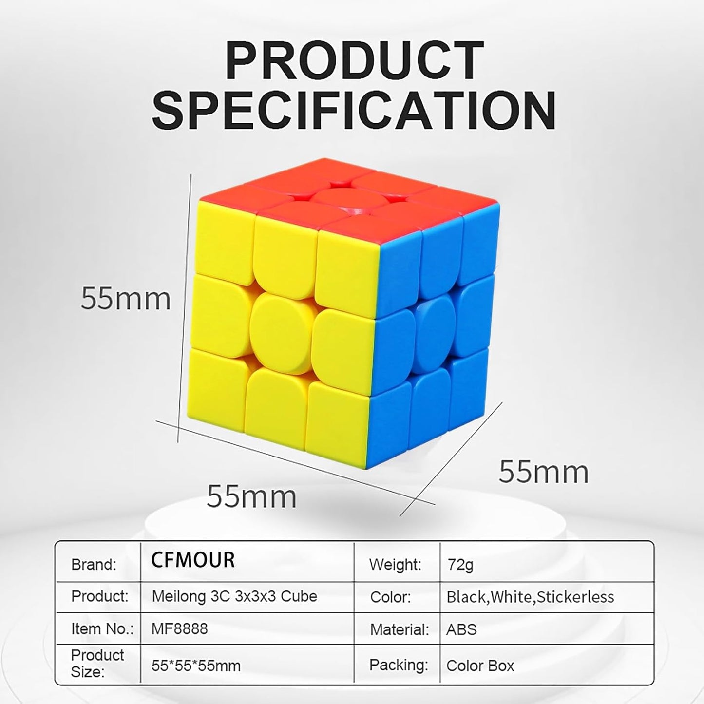 CFMOUR Speed Cube 3x3x3 - Moyu Meilong 3C, Stickerless Magic Cube 3x3, Fast Smooth Turning Vivid Colour 3D Puzzle Brain Toy Travel Games, Turns Quicker Than Original