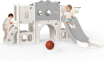 kinbor 6 in 1 Toddler Slide PlaySet - Indoor Outdoor Fun for Kids Ages 1-3, Includes Basketball Hoop, Telescope, Storage & Climber, Safe, Sturdy Baby Slide for Backyard Playground, Blue