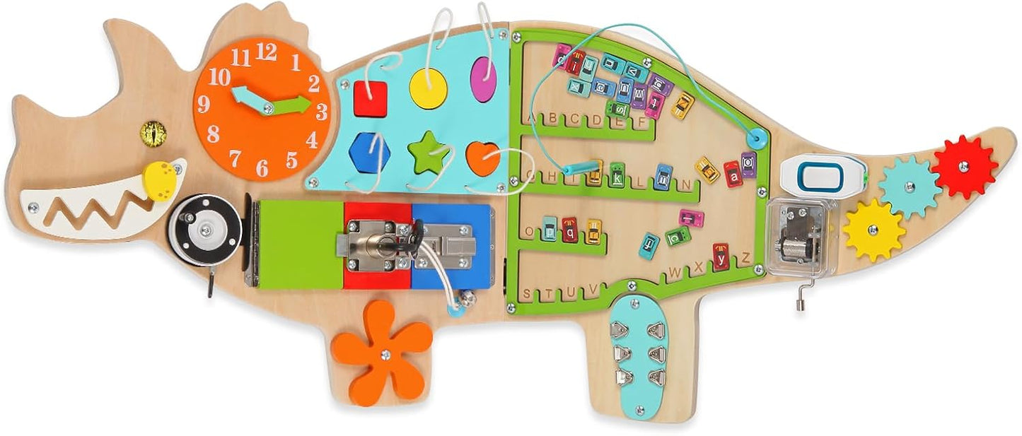 FIIOEOY Dinosaur Activity Wall Busy Board Panels, 11-in-1 Montessori Sensory Wall Panel for Kids, Toddler Learning Activity Center, Perfect for Playroom Daycare Nursery Classroom