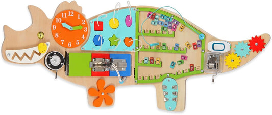FIIOEOY Dinosaur Activity Wall Busy Board Panels, 11-in-1 Montessori Sensory Wall Panel for Kids, Toddler Learning Activity Center, Perfect for Playroom Daycare Nursery Classroom
